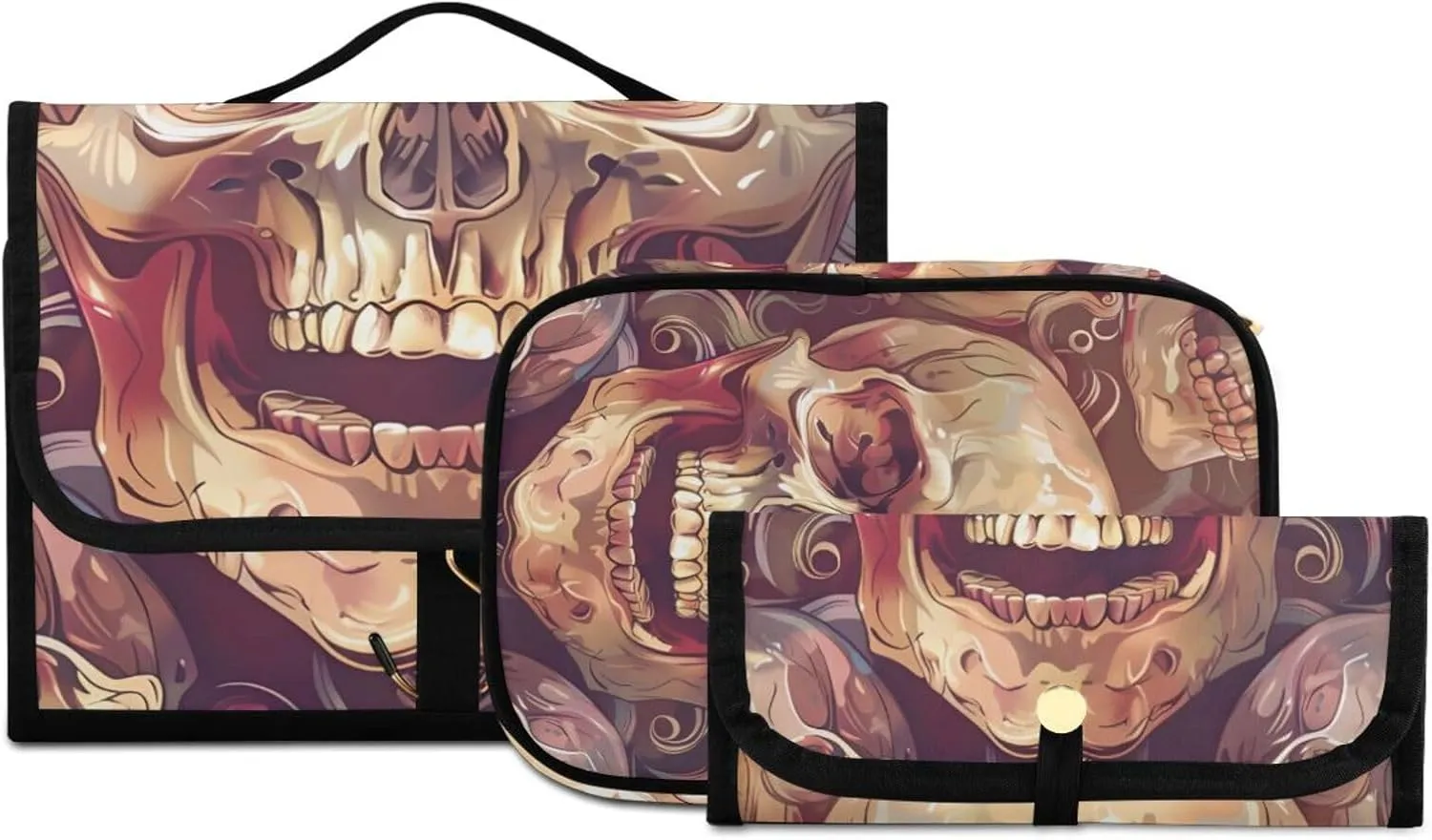 Foldable Hanging Travel Toiletry Organizer Set 3-Piece with Cosmetic Bag & Brush Holder - Skull (6)