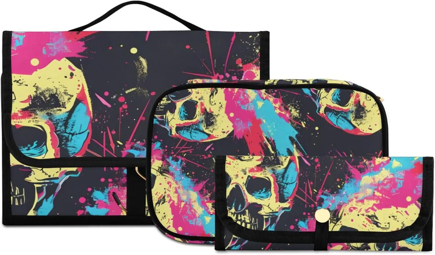Foldable Hanging Travel Toiletry Organizer Set 3-Piece with Cosmetic Bag & Brush Holder - Skull (7)