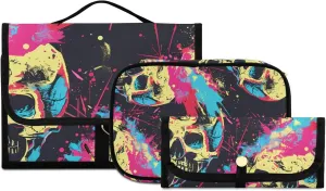 Foldable Hanging Travel Toiletry Organizer Set 3-Piece with Cosmetic Bag & Brush Holder - Skull (7)