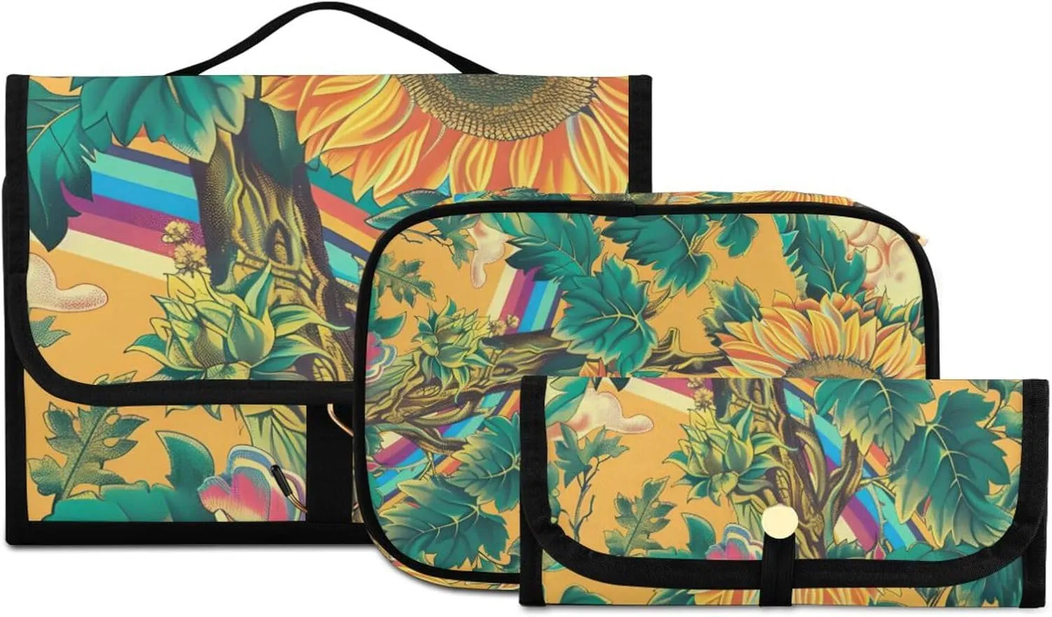 Foldable Hanging Travel Toiletry Organizer Set 3-Piece with Cosmetic Bag & Brush Holder - Sunflower (2)