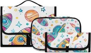 Foldable Hanging Travel Toiletry Organizer Set 3-Piece with Cosmetic Bag & Brush Holder - Universe Starry Sky Rocket (1)