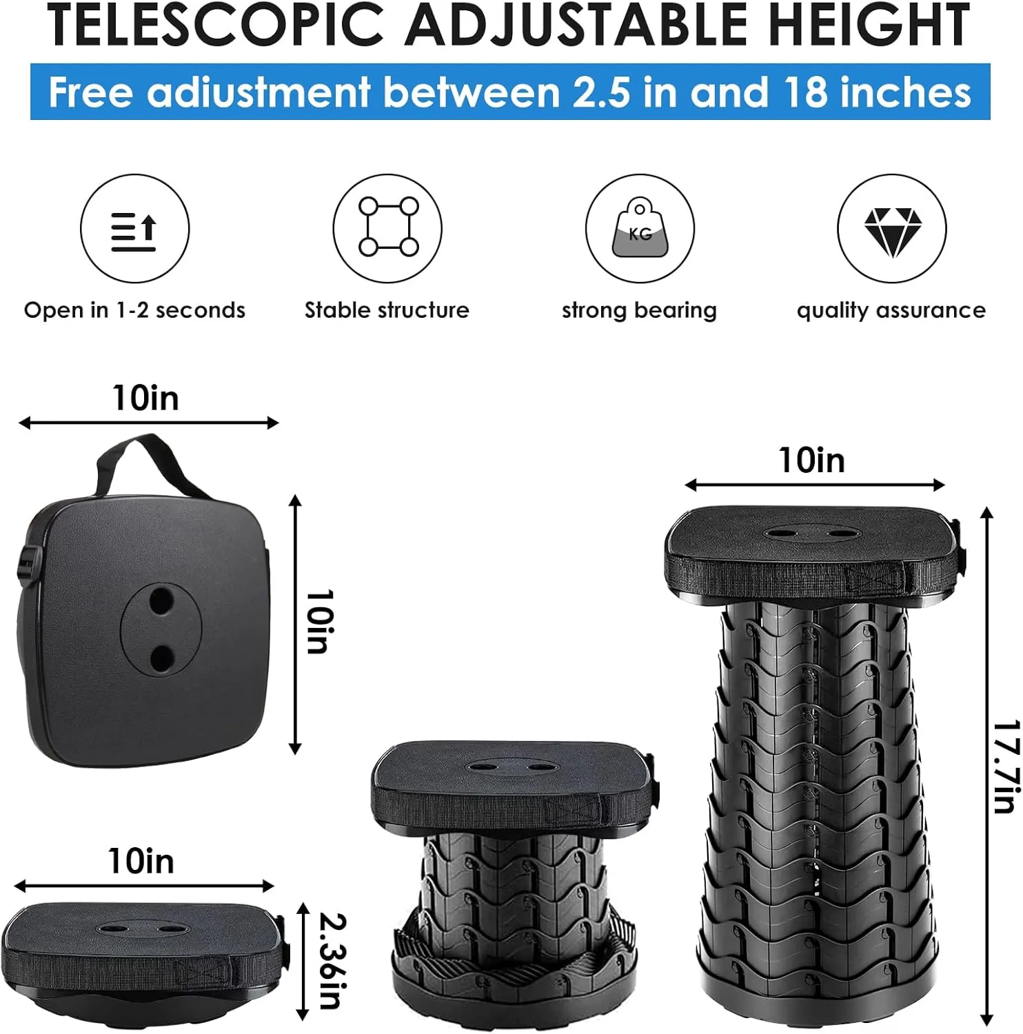 Folding Camping Stool,Square Collapsible Portable Stool,Collapsible Stool Folding Stool Telescoping Stool for Fishing Hiking BBQ,Sturdy Lightweight Telescoping Foldable Stool,Max Load 485lb