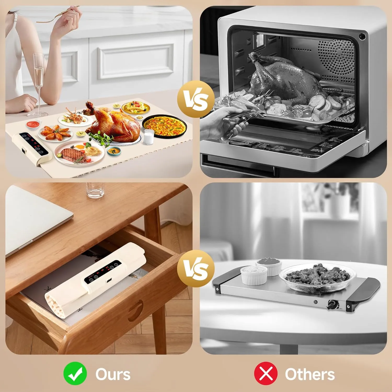 Food Warming Mat- Foldable Warming Mat for Food with Adjustable Temperature Control Time Moders Locking Function Electric Warming Tray for Parties,Home,Travel,Buffet Beige