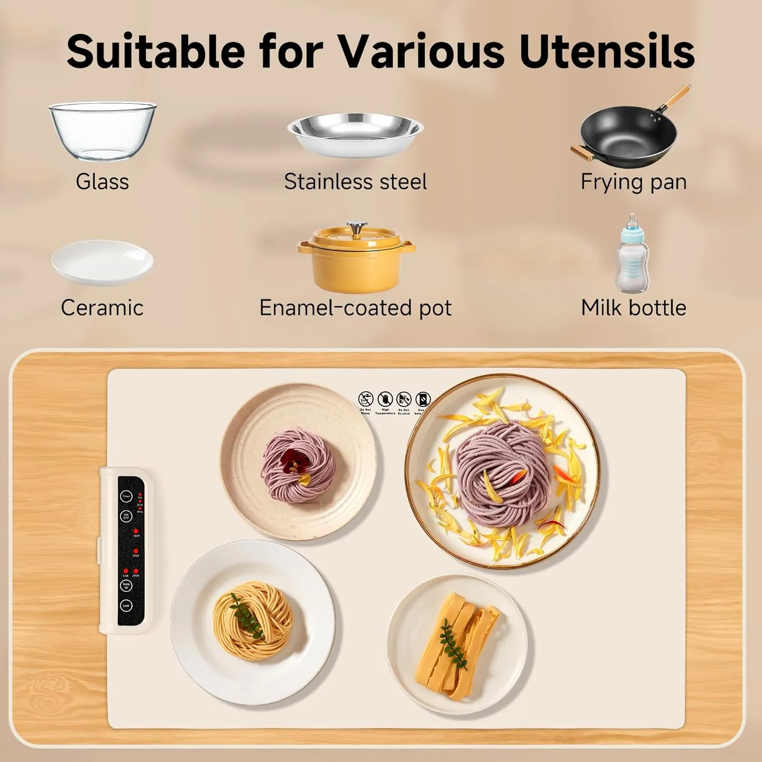 Food Warming Mat- Foldable Warming Mat for Food with Adjustable Temperature Control Time Moders Locking Function Electric Warming Tray for Parties,Home,Travel,Buffet Beige
