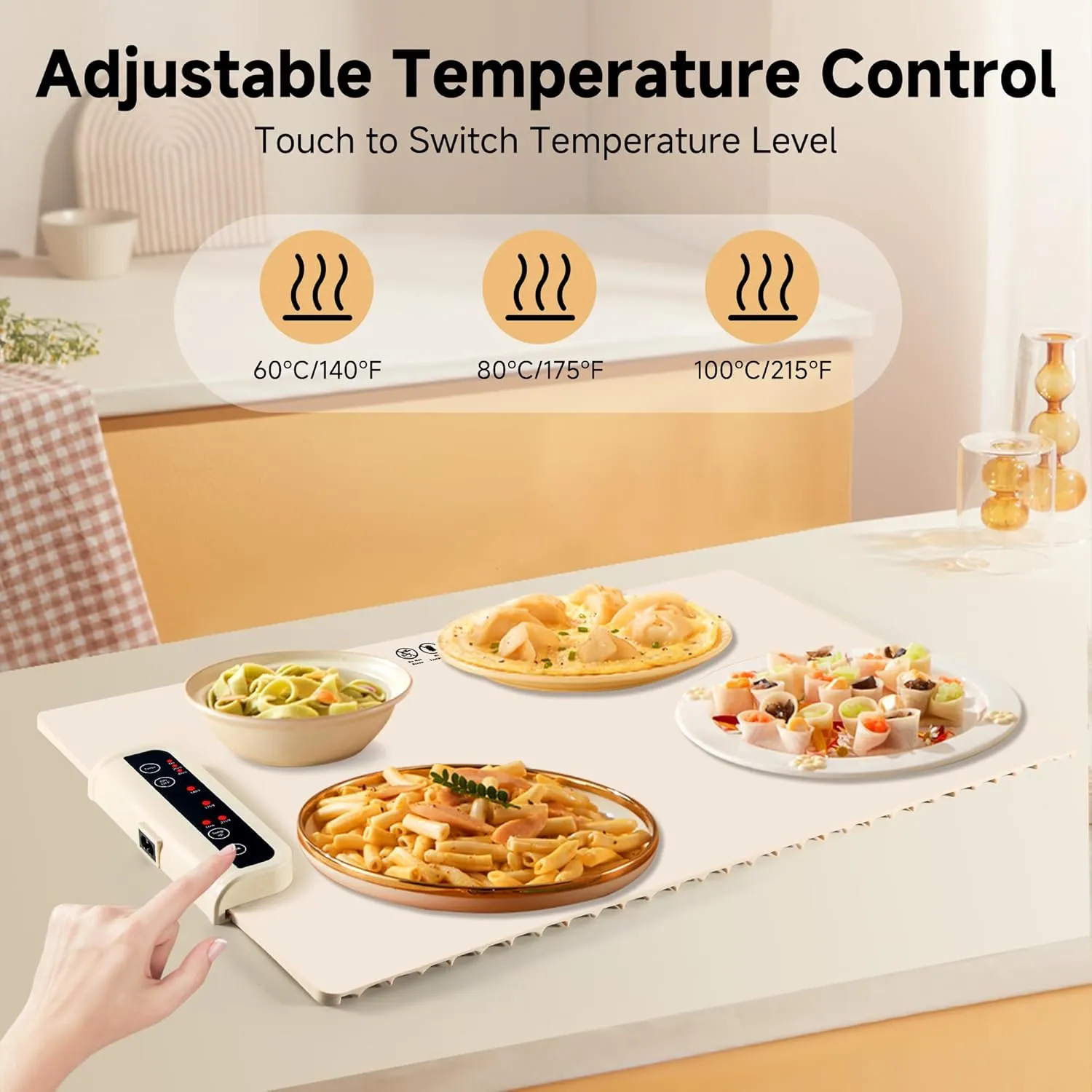 Food Warming Mat- Foldable Warming Mat for Food with Adjustable Temperature Control Time Moders Locking Function Electric Warming Tray for Parties,Home,Travel,Buffet Beige