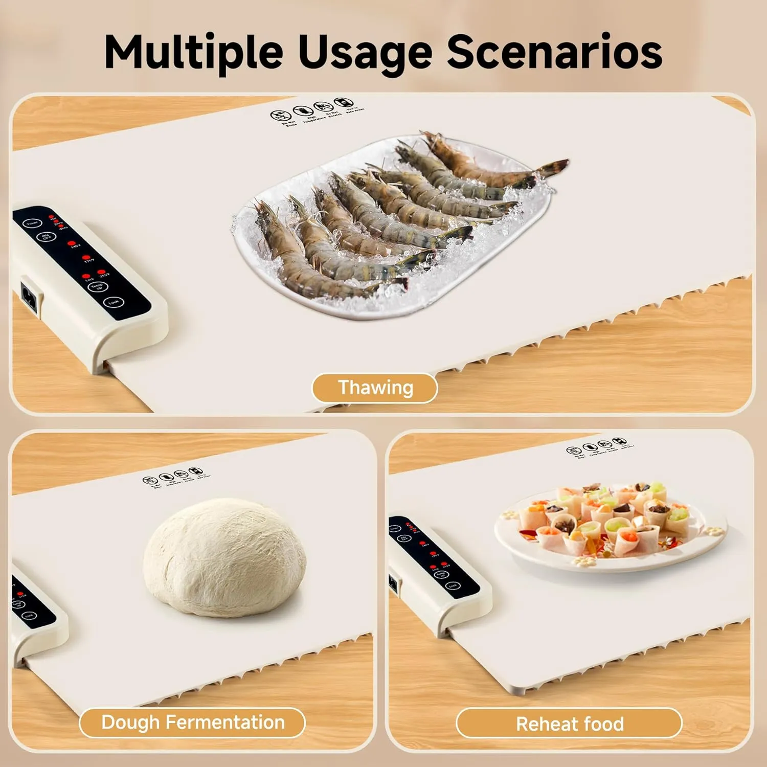 Food Warming Mat- Foldable Warming Mat for Food with Adjustable Temperature Control Time Moders Locking Function Electric Warming Tray for Parties,Home,Travel,Buffet Beige