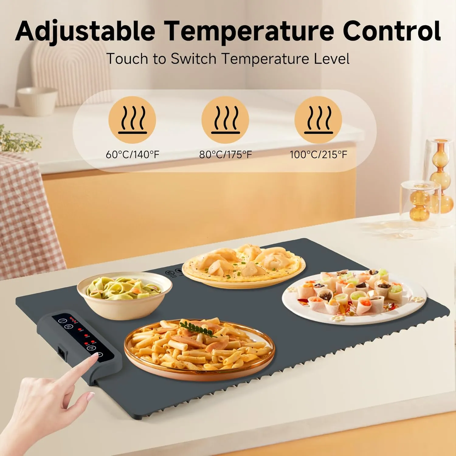 Food Warming Mat- Foldable Warming Mat for Food with Adjustable Temperature Control Time Moders Locking Function Electric Warming Tray for Parties,Home,Travel,Buffet Dark Grey