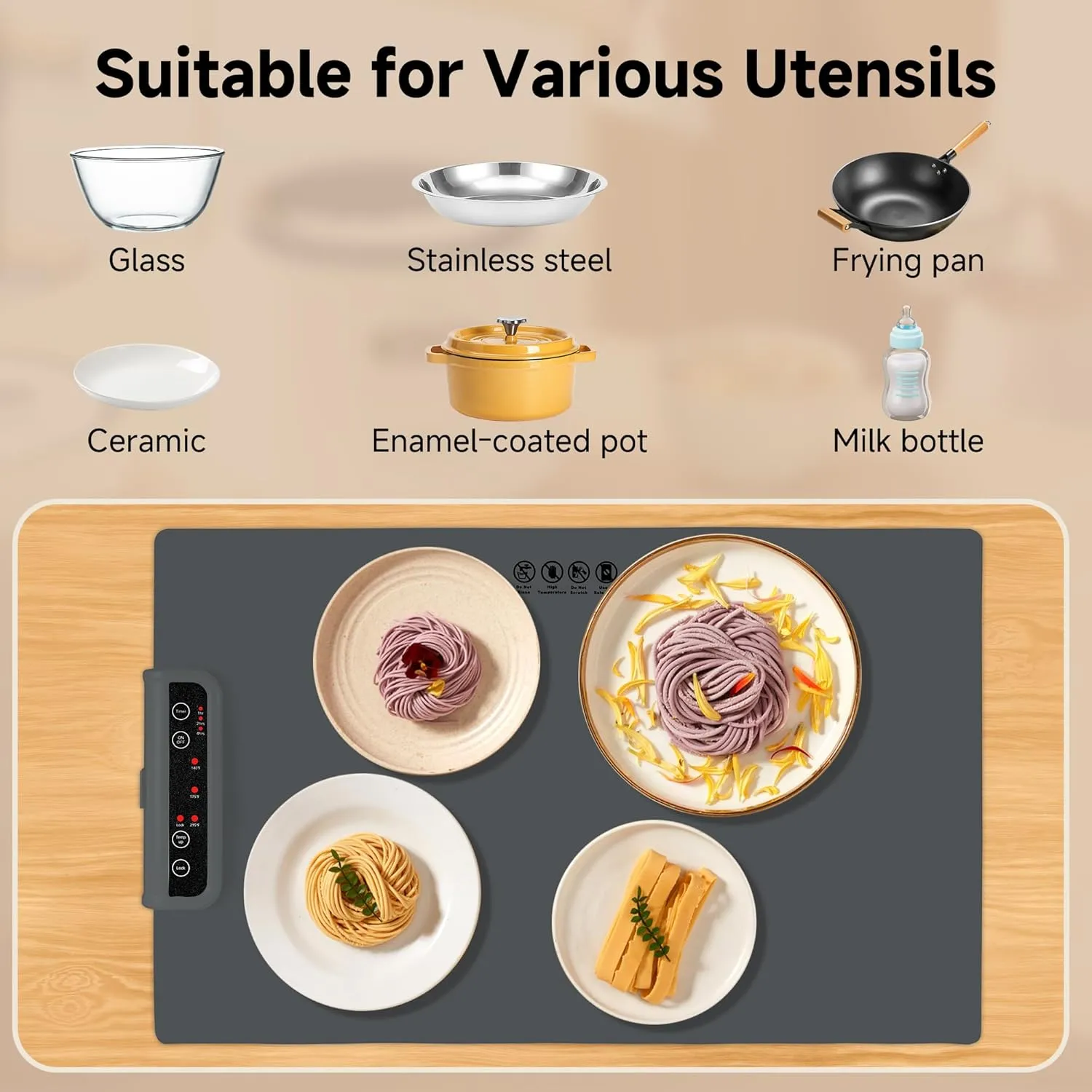 Food Warming Mat- Foldable Warming Mat for Food with Adjustable Temperature Control Time Moders Locking Function Electric Warming Tray for Parties,Home,Travel,Buffet Dark Grey