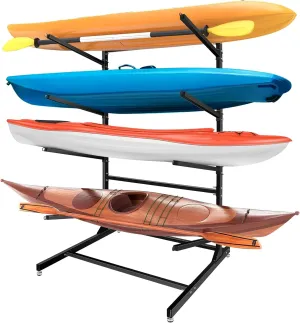Freestanding Kayak Storage Rack, Heavy Duty Adjustable Metal Stand with Lockable Wheels for Kayaks, Paddleboards, Surfboards Indoor & Outdoor Use(4 Levels)