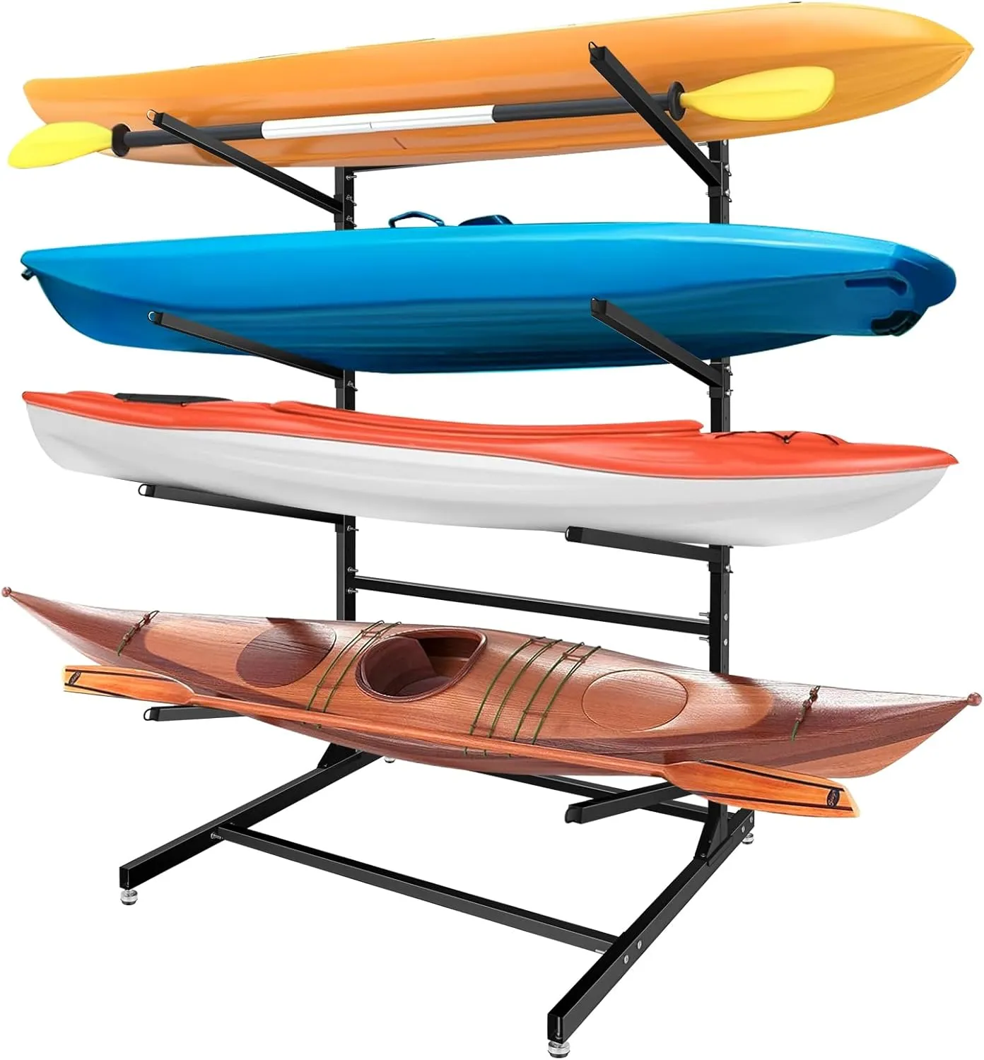 Freestanding Kayak Storage Rack, Heavy Duty Adjustable Metal Stand with Lockable Wheels for Kayaks, Paddleboards, Surfboards Indoor & Outdoor Use(4 Levels)
