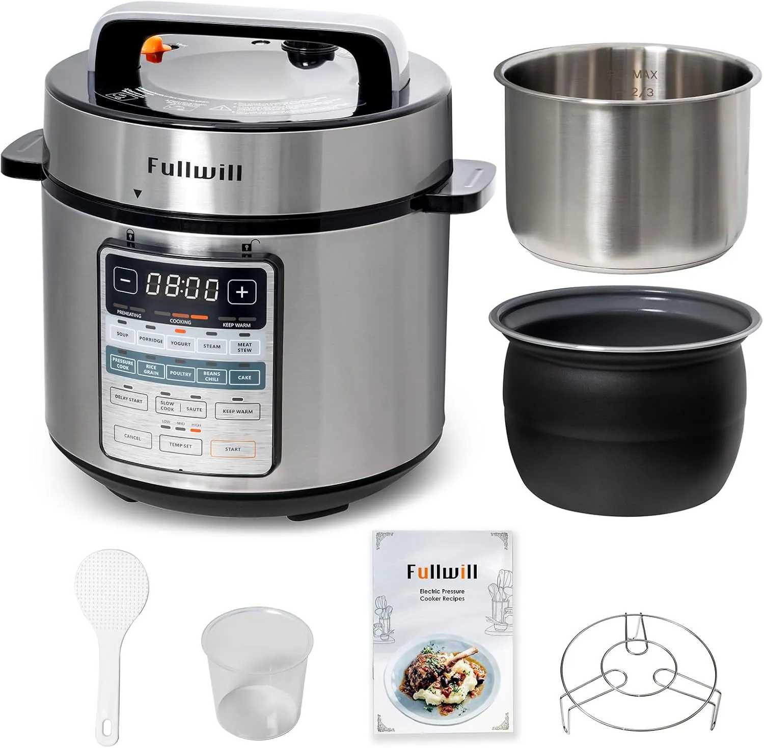 Fullwill Electric Pressure Cooker 6QT Dual Pots, 12 in 1 MultiFunction Cooker with 304 Stainless Steel & Ceramic Pots, Pressure Cook, Soup, Porridge, Yogurt, Meat Stew, Rice, Poultry, Beans and More