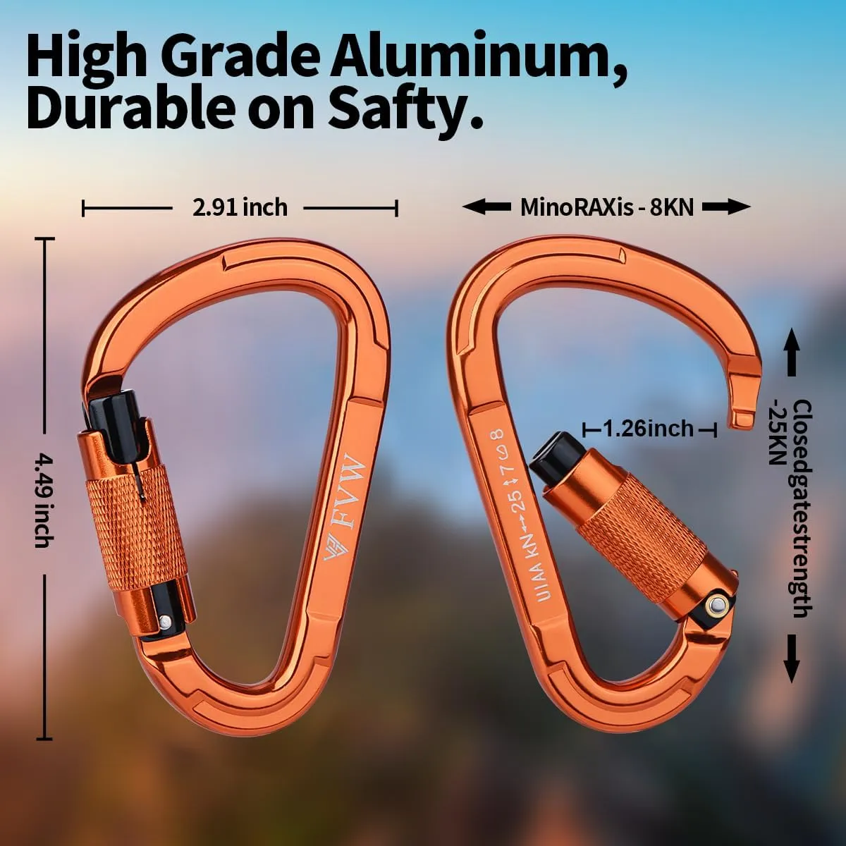 FVW Auto Locking Rock Climbing Carabiner Clips,Professional 25KN (5620 lbs) Heavy Duty Caribeaners for Rappelling Swing Rescue & Gym etc, Large D-Shaped Carabiners