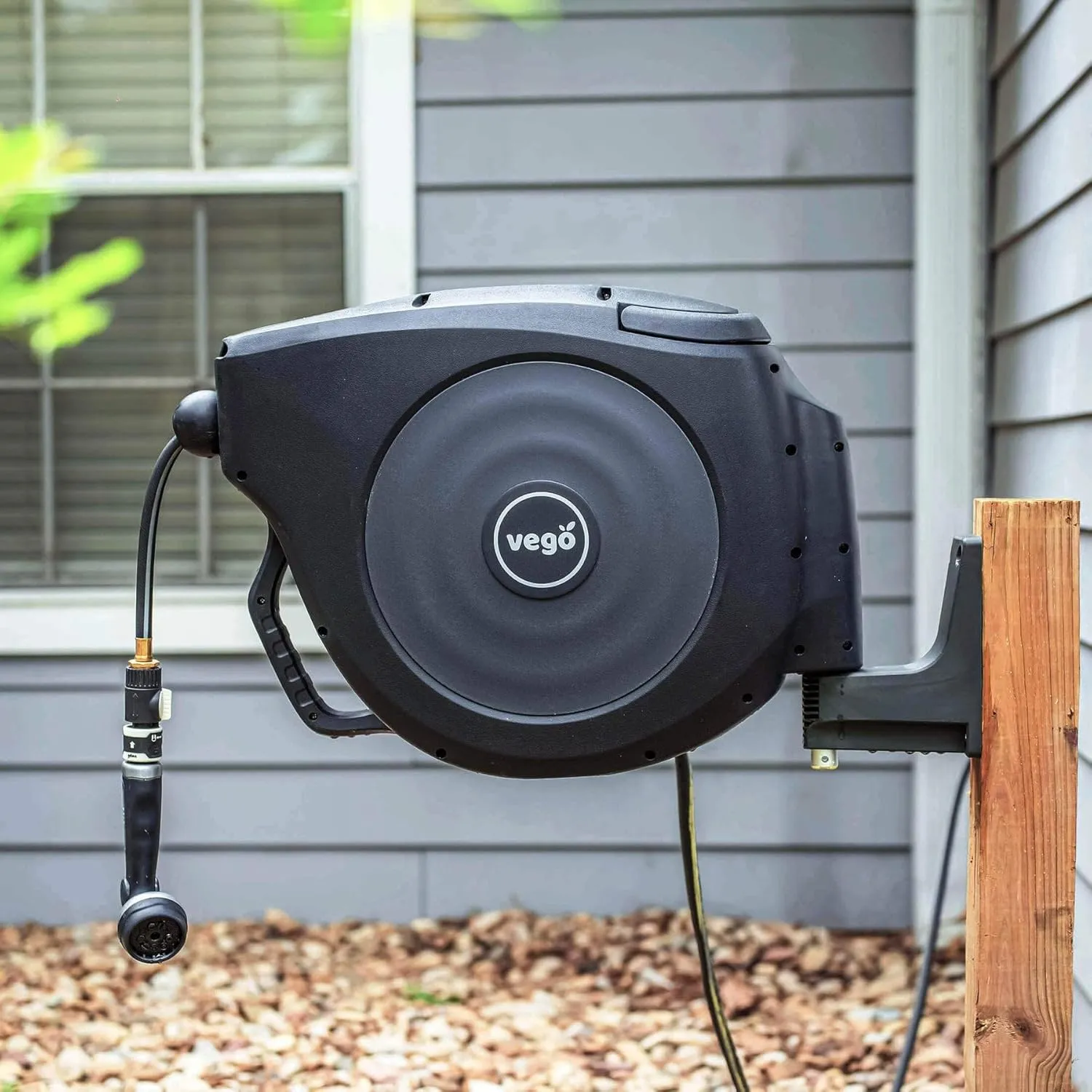 Garden Hose Reel Retractable 1/2" x 130ft Wall Mounted Hose Reel Automatic Rewind, Any Length Lock with 9 Patterns Sprayer Nozzle, Quick Connector and Adjustable shot Nozzle-Tidepool Blue