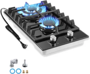 Gas Cooktop 2 Burner Propane Cooktop, 12 Inch Gas Stove Top with Thermocouple Protection, LPG/NG Dual Fuel Built-in Tempered Glass Gas Stove for Apartment, Indoor, RV