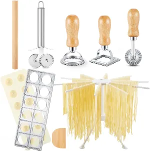 Geetery 5 Pieces Ravioli Mold Set, 12 Holes Ravioli Maker Press, 3 Pasta Cutter Stamps, Wood Rolling Pin, Pasta Making Tools, Pelmeni Mold, Manual, Stainless Steel, White, Silver, Wood Color