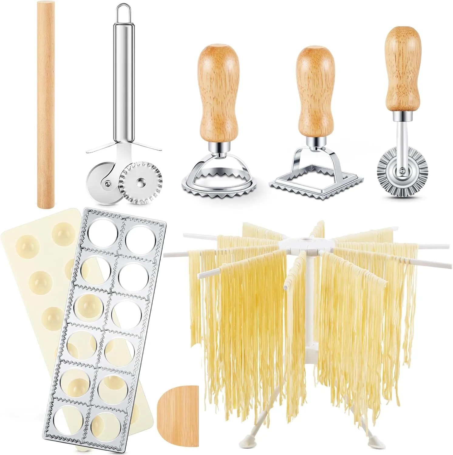 Geetery 5 Pieces Ravioli Mold Set, 12 Holes Ravioli Maker Press, 3 Pasta Cutter Stamps, Wood Rolling Pin, Pasta Making Tools, Pelmeni Mold, Manual, Stainless Steel, White, Silver, Wood Color