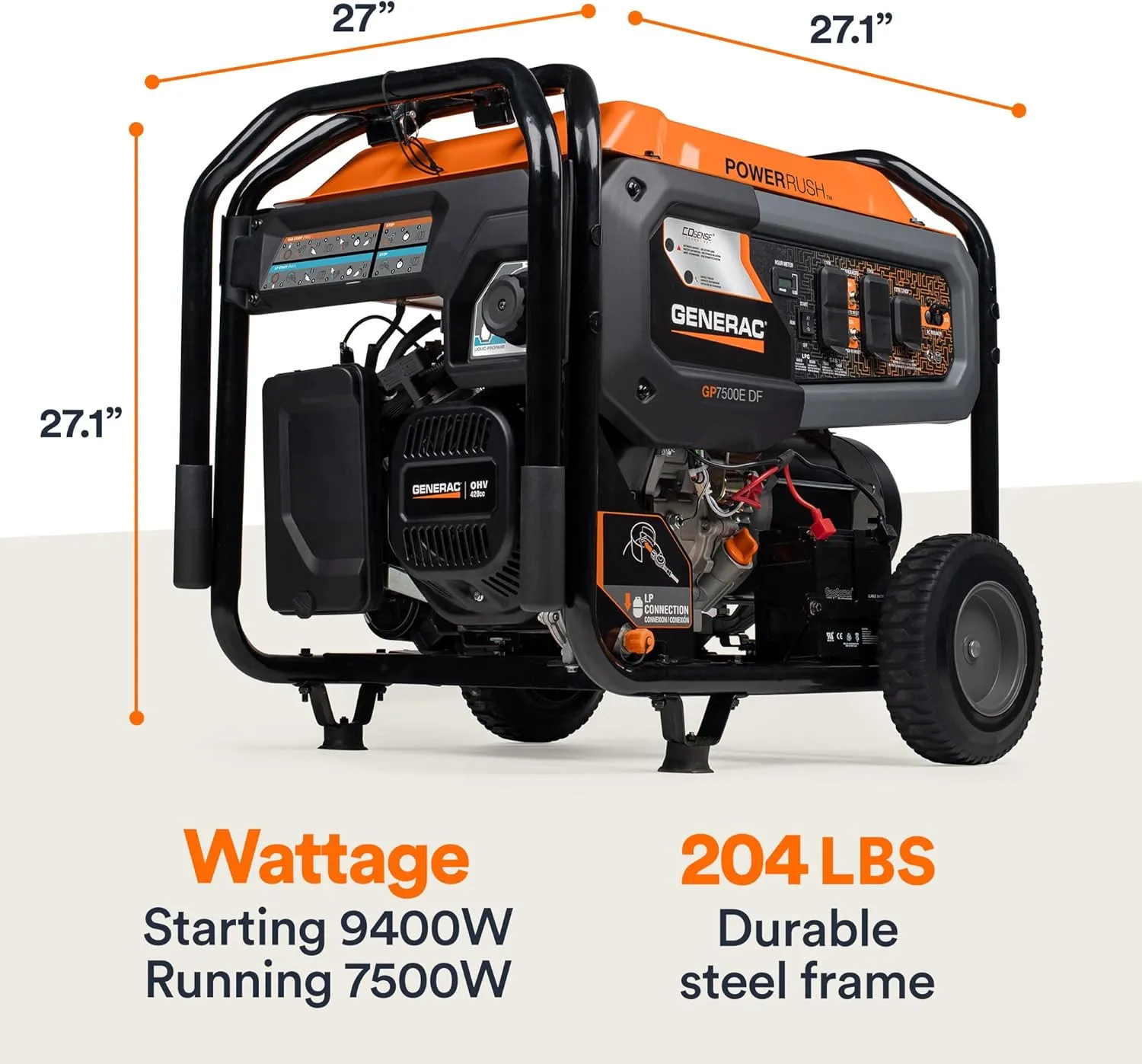 Generac 7,500-Watt Dual-Fuel Compatible Portable Generator - Gas and Propane - COsense Technology with Electric Start - PowerRush Advanced Technology - Reliable Power Solution - Home Use, Orange/Black