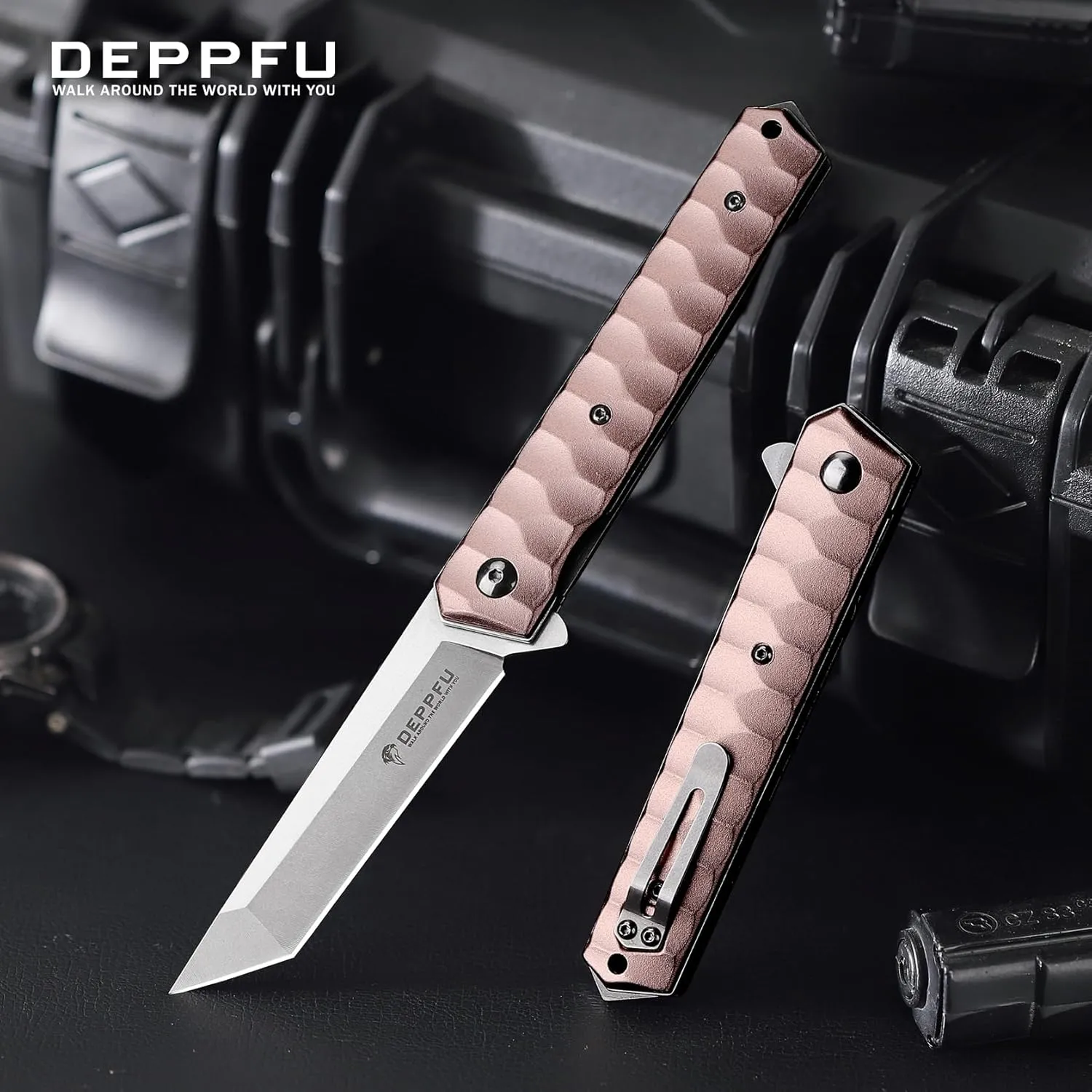 Geometric Pocket Knife EDC For Men Sharp Tactical Folding Knife With Holster With Clip Glass Breaker Everyday Carry Knifes Camping Hunting Knives （Rose Gold）