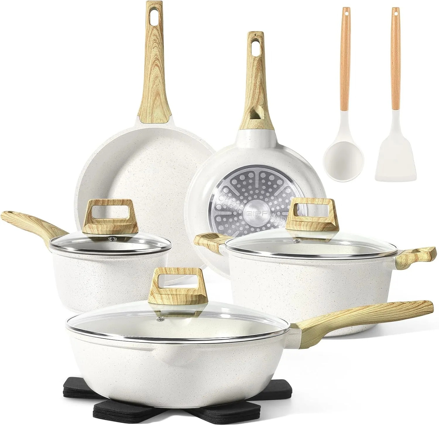 GiPP Pots and Pans Set Non Stick - 14 Pcs White Granite Kitchen Cookware Sets Nonstick Induction Cookware Cooking Pan Set with Frying Pans, Saucepans and Silicone Utensils, PFOS & PFOA Free