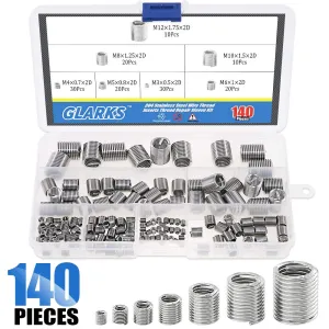 Glarks 140Pcs 304 Stainless Steel Metric M3 M4 M5 M6 M8 M10 M12 Wire Thread Inserts Steel Sheath Helical Type Coiled Wire Screw Repair Sleeve Assortment Kit