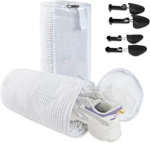 GOGOODA Upgraded Shoe Washing Bag for Washing Machine - Laundry Shoe Bag for Washer and Dryer with Safety Lock for All Shoe Types (White, with shoe trees)