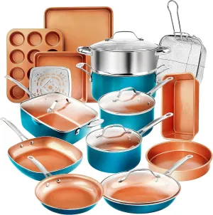 GOTHAM STEEL 20 Piece Copper Pots and Pans Set Nonstick Cookware Set   Complete Ceramic Bakeware Set for Kitchen with Long Lasting Non Stick, Dishwasher/Oven Safe, Non Toxic – Turquoise