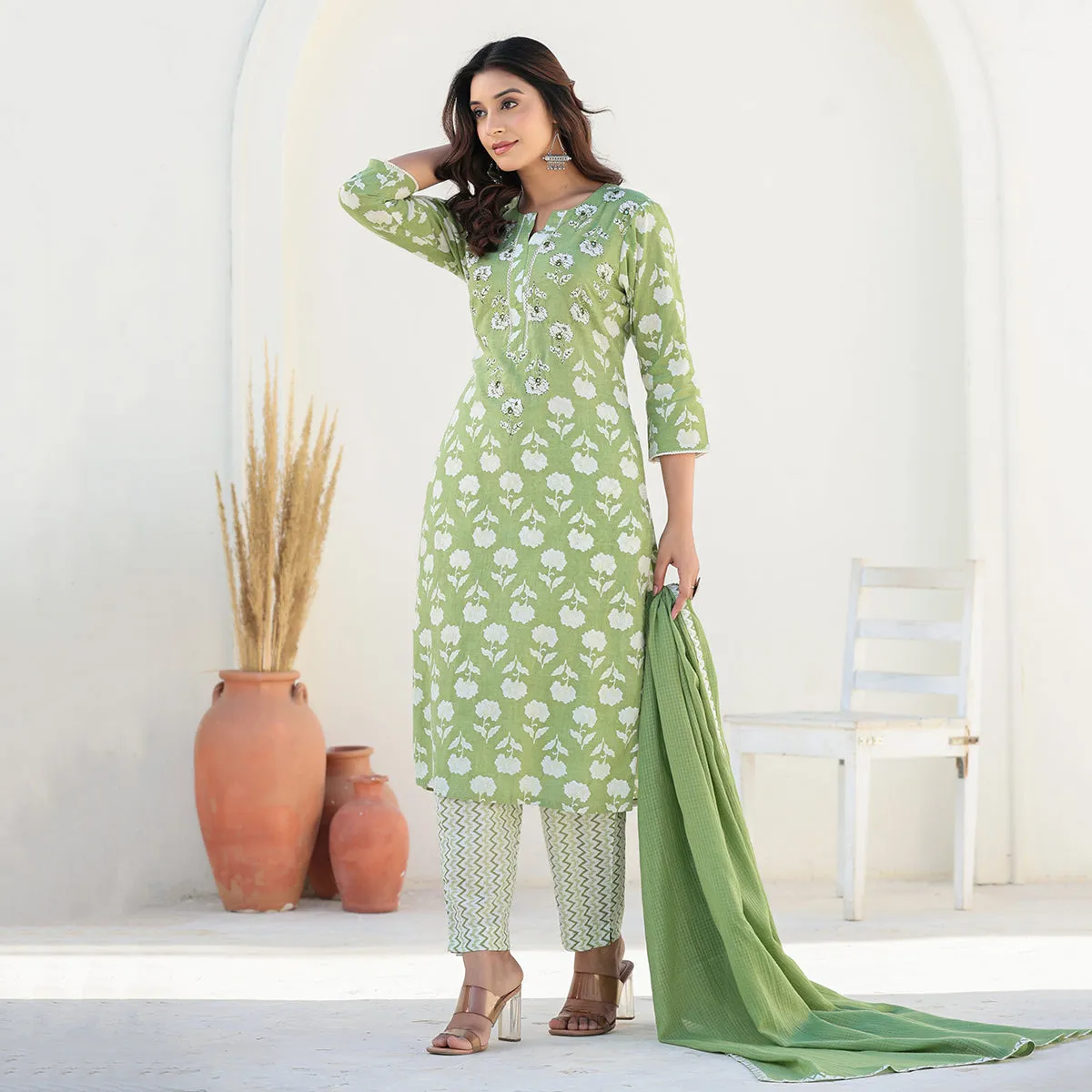 Green Cotton Straight Suit Set with Dupatta