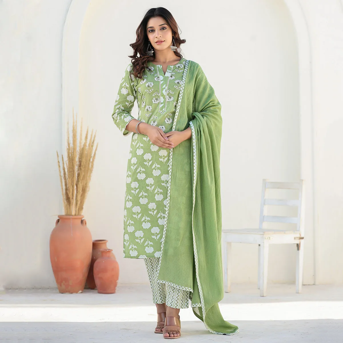 Green Cotton Straight Suit Set with Dupatta