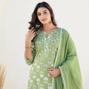 Green Cotton Straight Suit Set with Dupatta