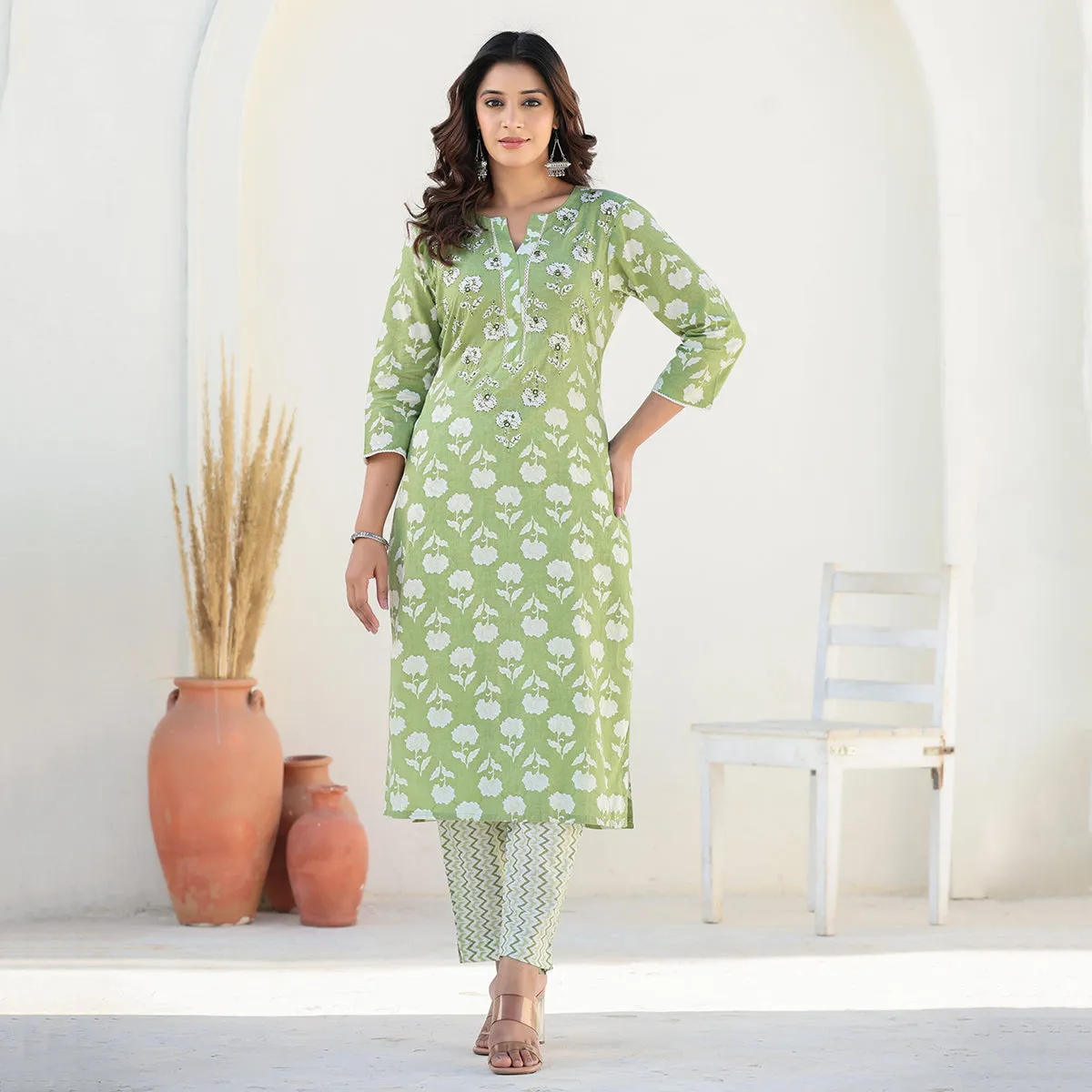 Green Cotton Straight Suit Set with Dupatta