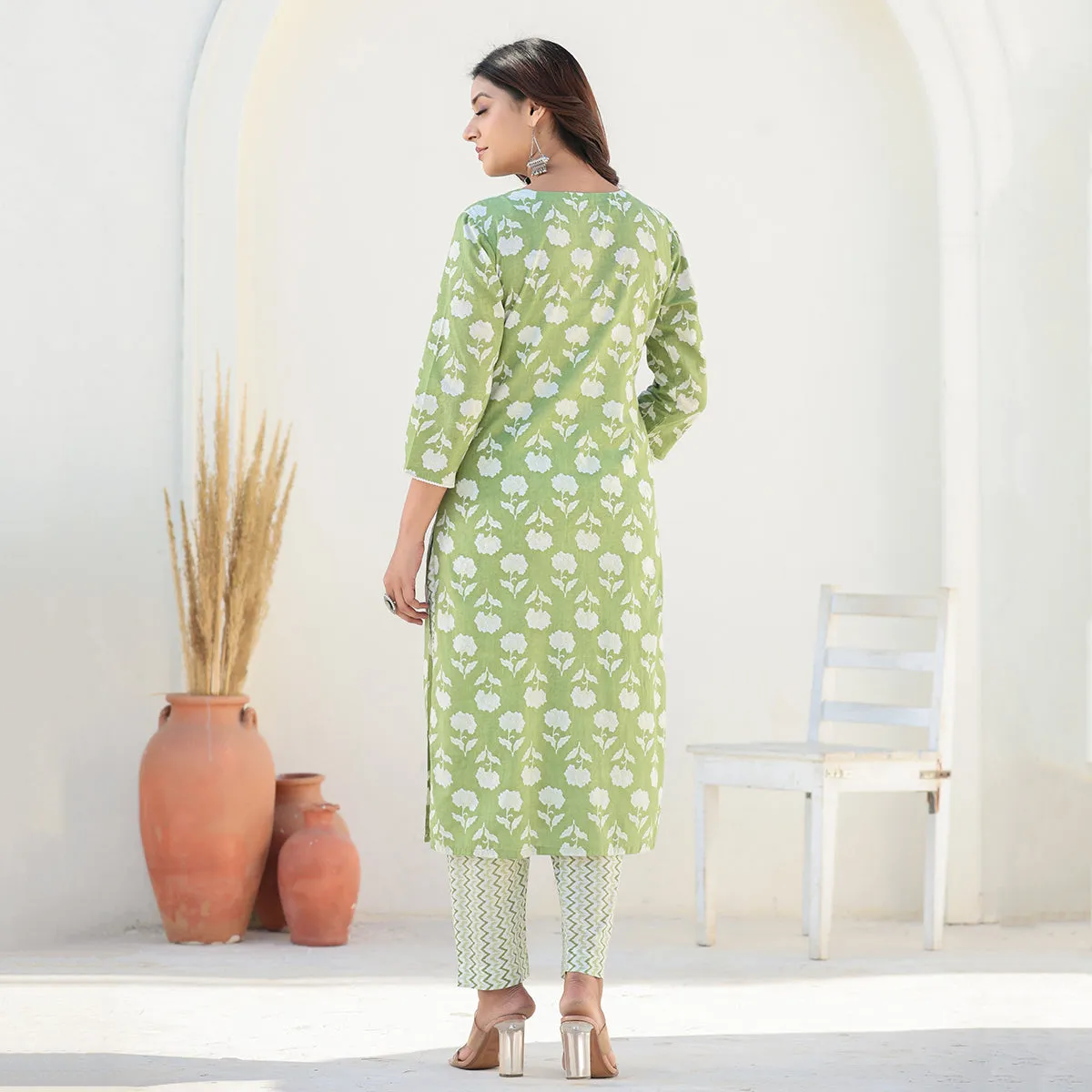 Green Cotton Straight Suit Set with Dupatta