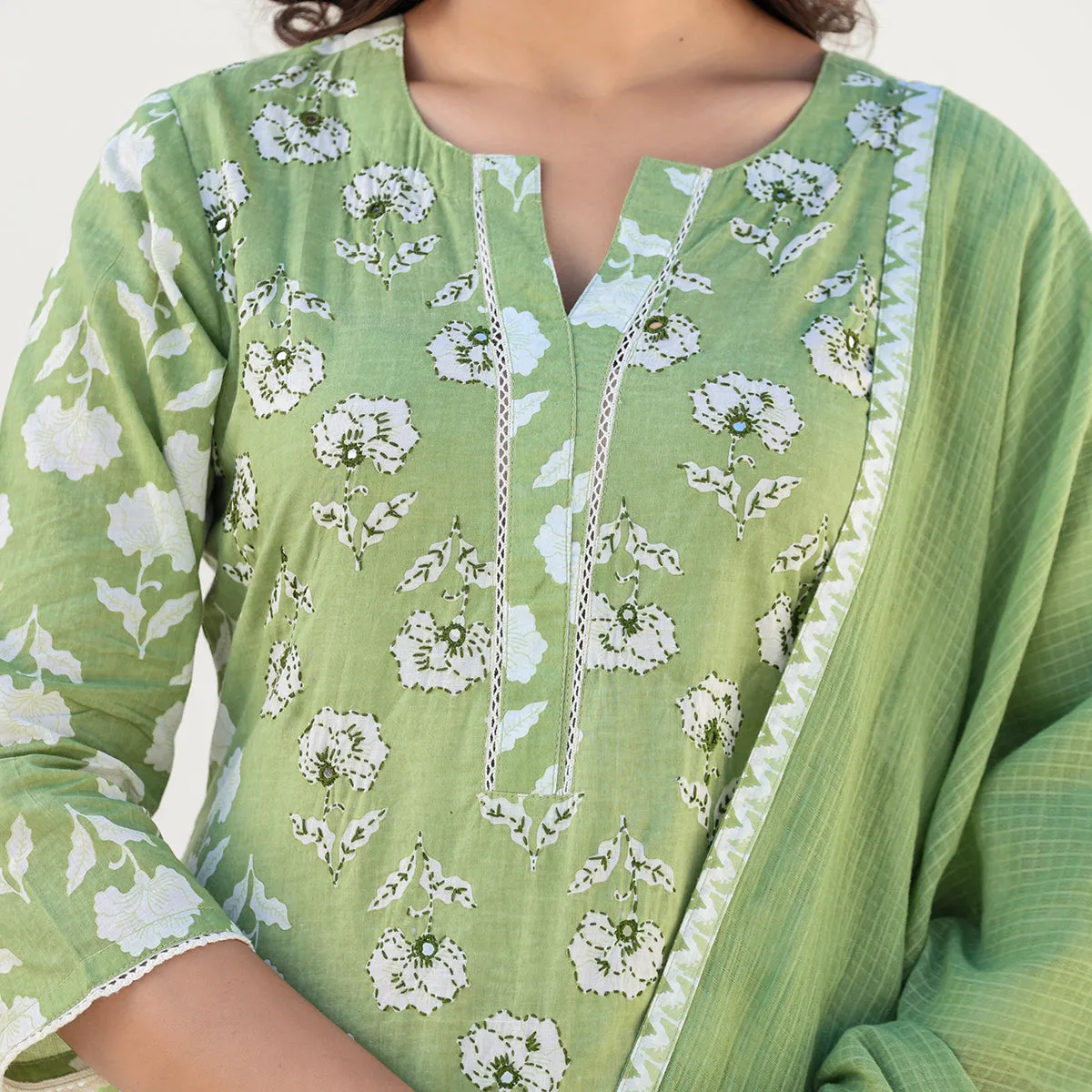 Green Cotton Straight Suit Set with Dupatta