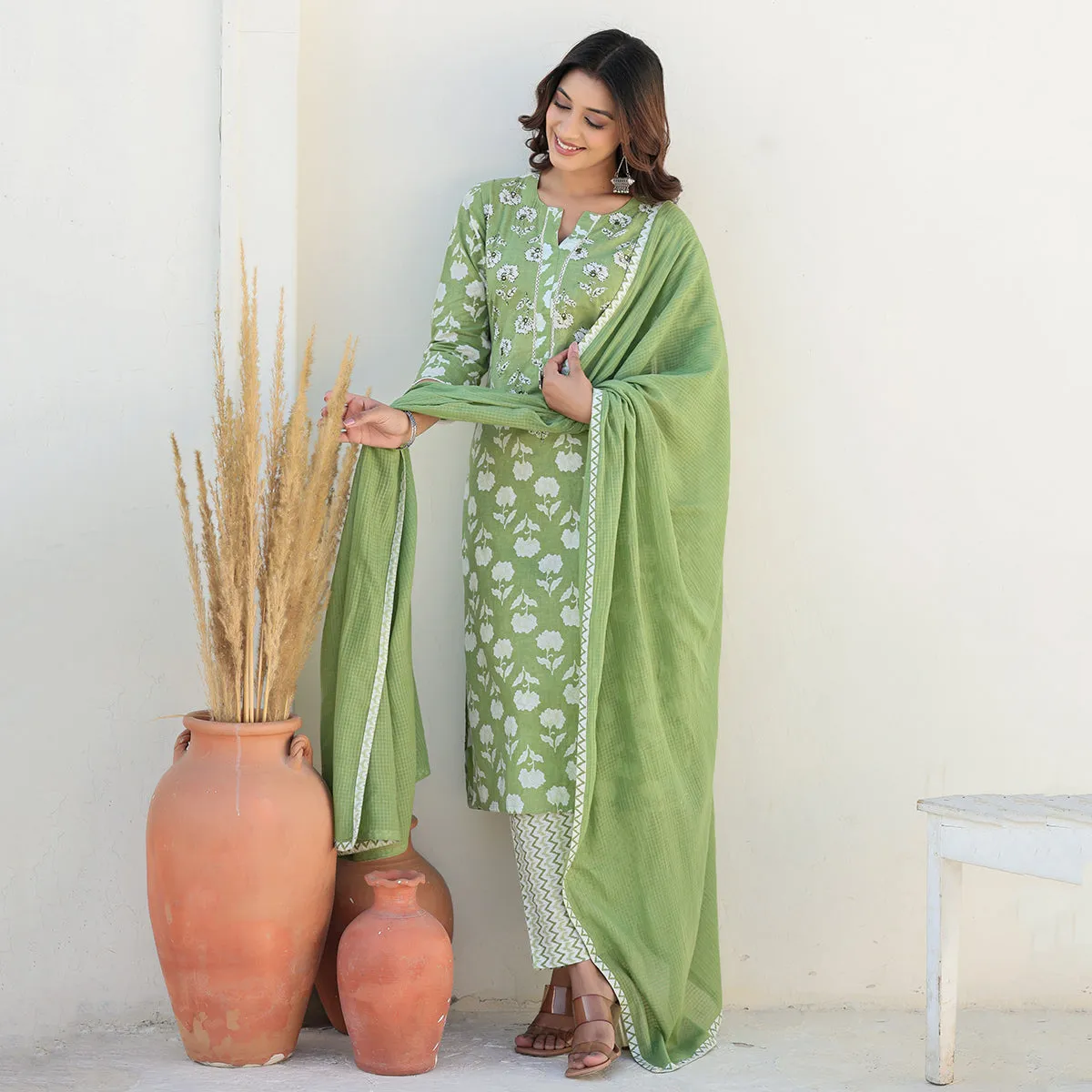 Green Cotton Straight Suit Set with Dupatta