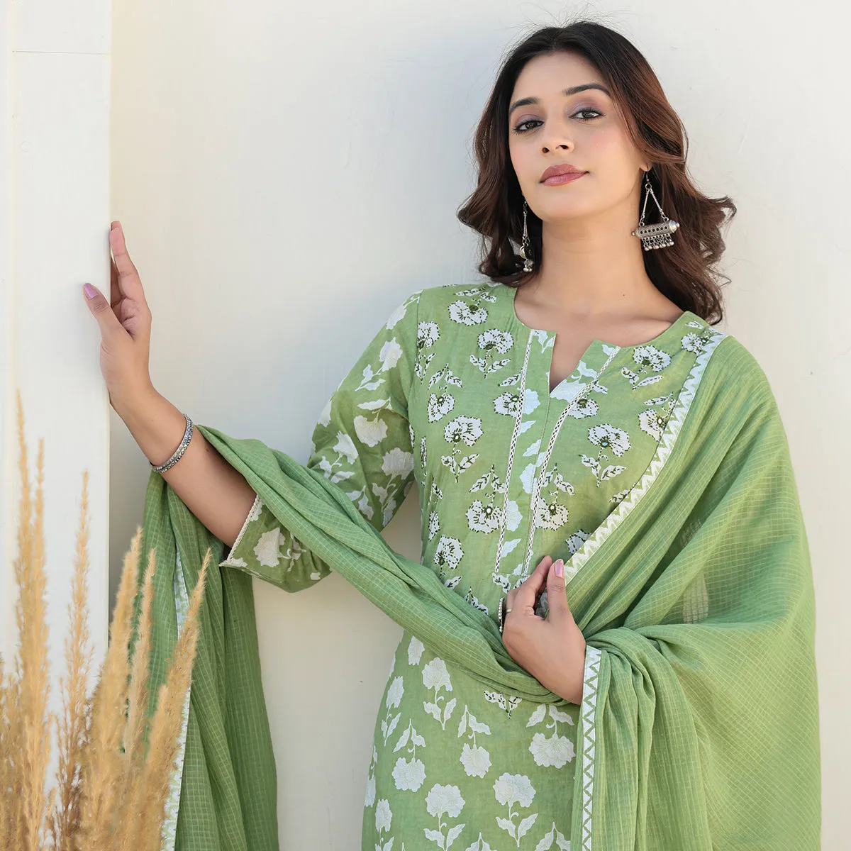 Green Cotton Straight Suit Set with Dupatta