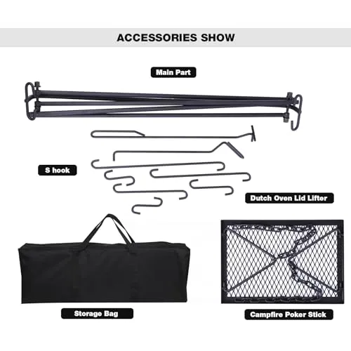 Grill Swing Campfire Grill Stand with Iron Grill Grate,Collapsible Campfire Rack