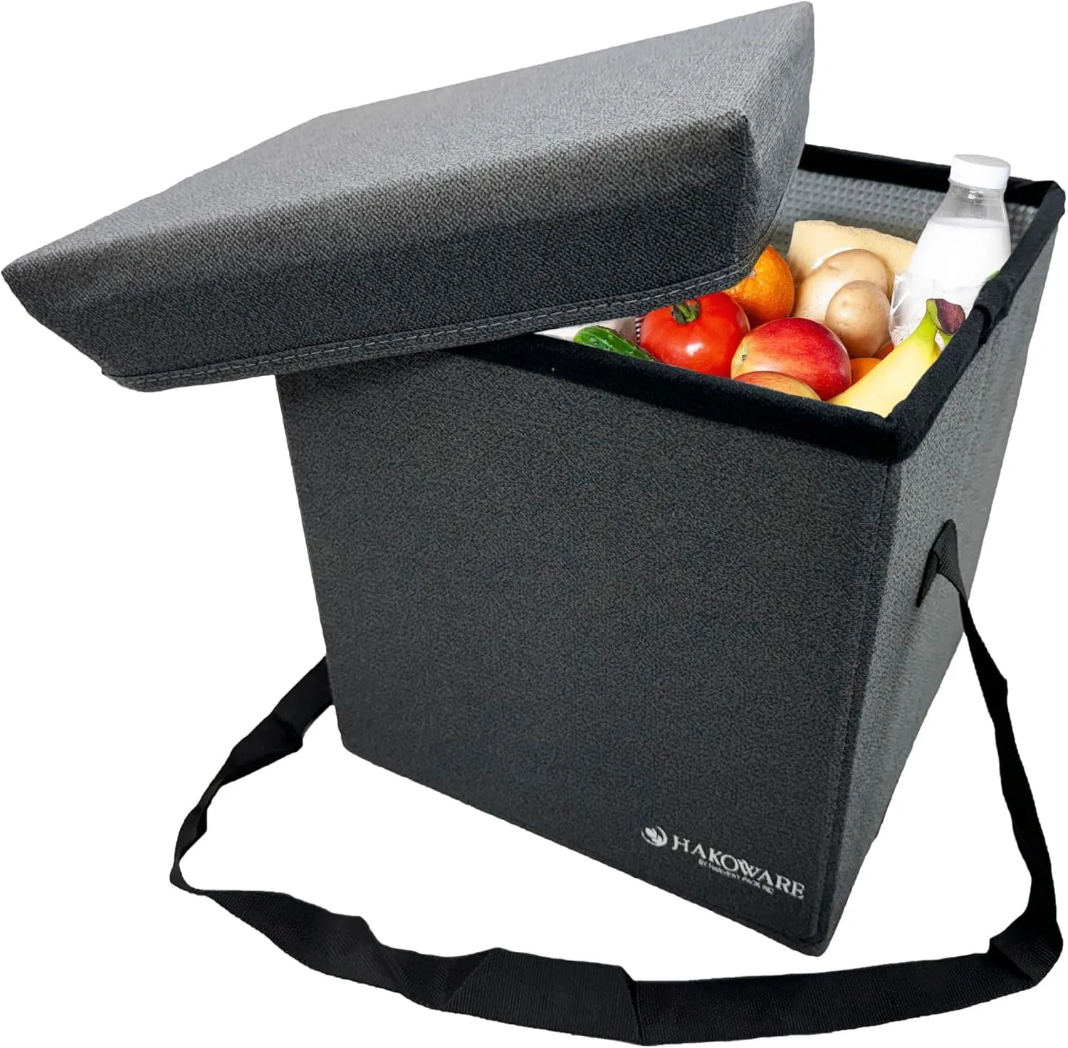 HAKOWARE 12x12x12 Gray Collapsible Cooler Seat, Insulated, Portable, Foldable Box for Hot and Cold Food Drinks, Shoulder Strap, Reusable Clear Bag, Picnic, Grocery, Snacks