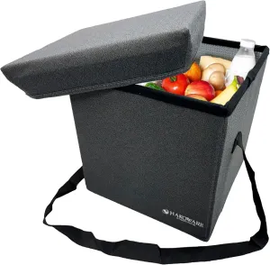 HAKOWARE 12x12x12 Gray Collapsible Cooler Seat, Insulated, Portable, Foldable Box for Hot and Cold Food Drinks, Shoulder Strap, Reusable Clear Bag, Picnic, Grocery, Snacks