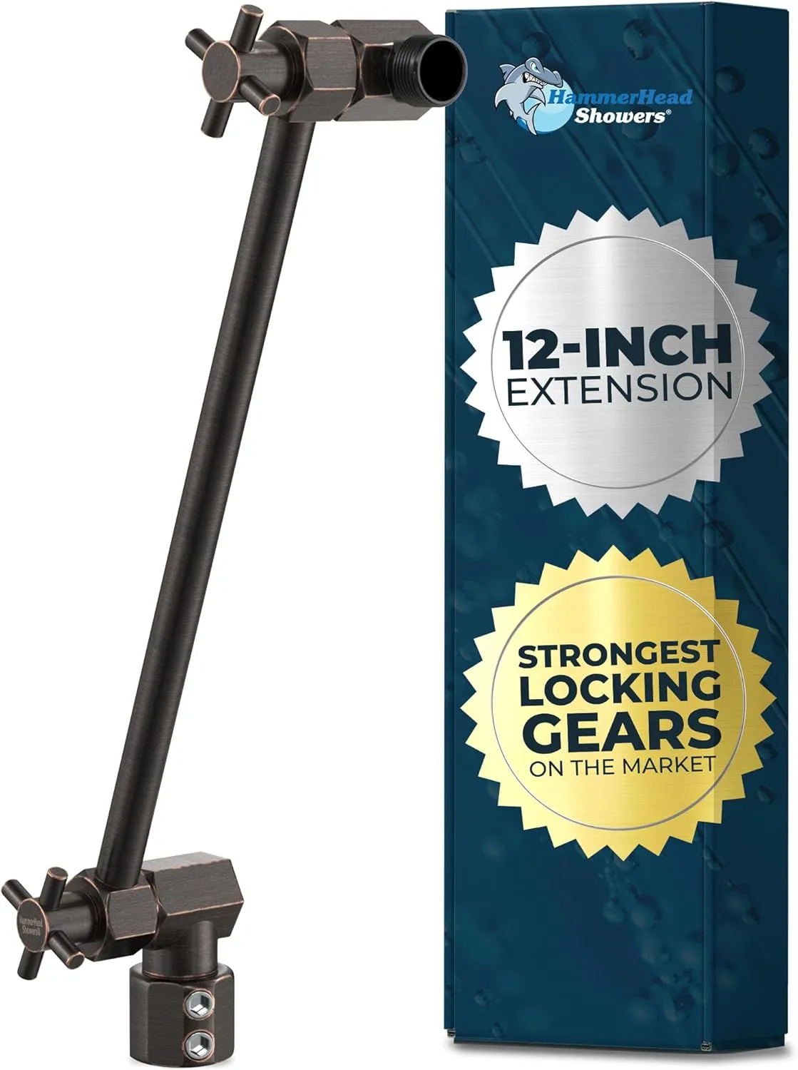 HammerHead Showers® ALL METAL 12 Inch Shower Head Extension Arm - Adjustable Shower Arm Extension Raises Showerhead Height - Shower Extender Arm Supports up to 10lbs — Oil Rubbed Bronze