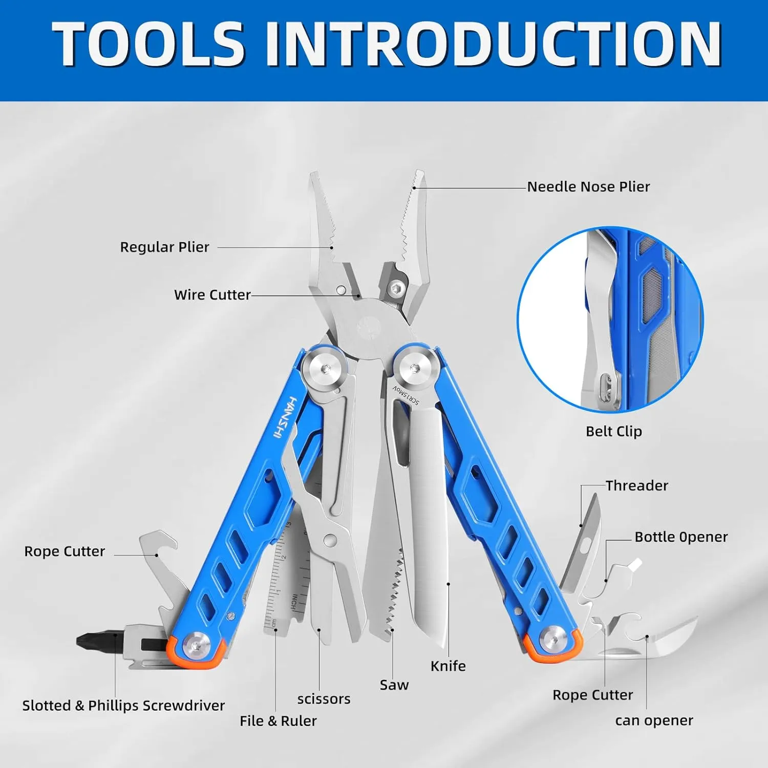 HANSHI 15 in 1 Multitool Pliers with Scissors, Upgraded Heavy Duty Stainless Steel Multi Tool with YG10 Tungsten Steel Replaceable Wire Cutters for Survival, Camping, Hiking,Repair and Gift (Blue)