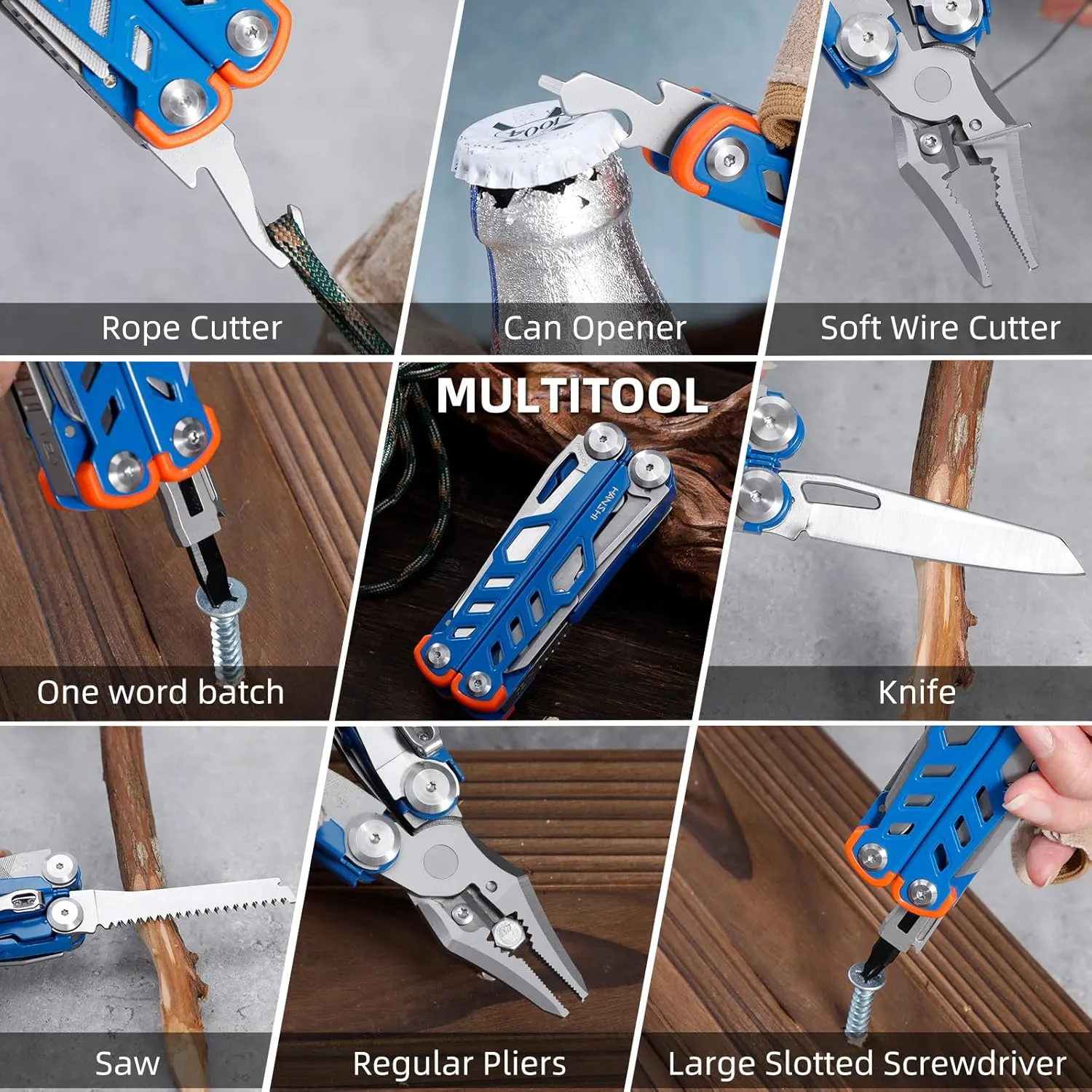 HANSHI 15 in 1 Multitool Pliers with Scissors, Upgraded Heavy Duty Stainless Steel Multi Tool with YG10 Tungsten Steel Replaceable Wire Cutters for Survival, Camping, Hiking,Repair and Gift (Blue)