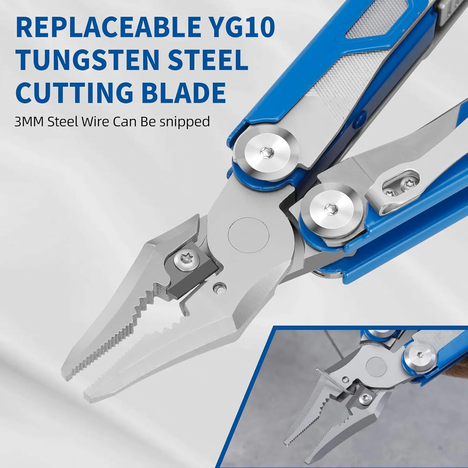 HANSHI 15 in 1 Multitool Pliers with Scissors, Upgraded Heavy Duty Stainless Steel Multi Tool with YG10 Tungsten Steel Replaceable Wire Cutters for Survival, Camping, Hiking,Repair and Gift (Blue)