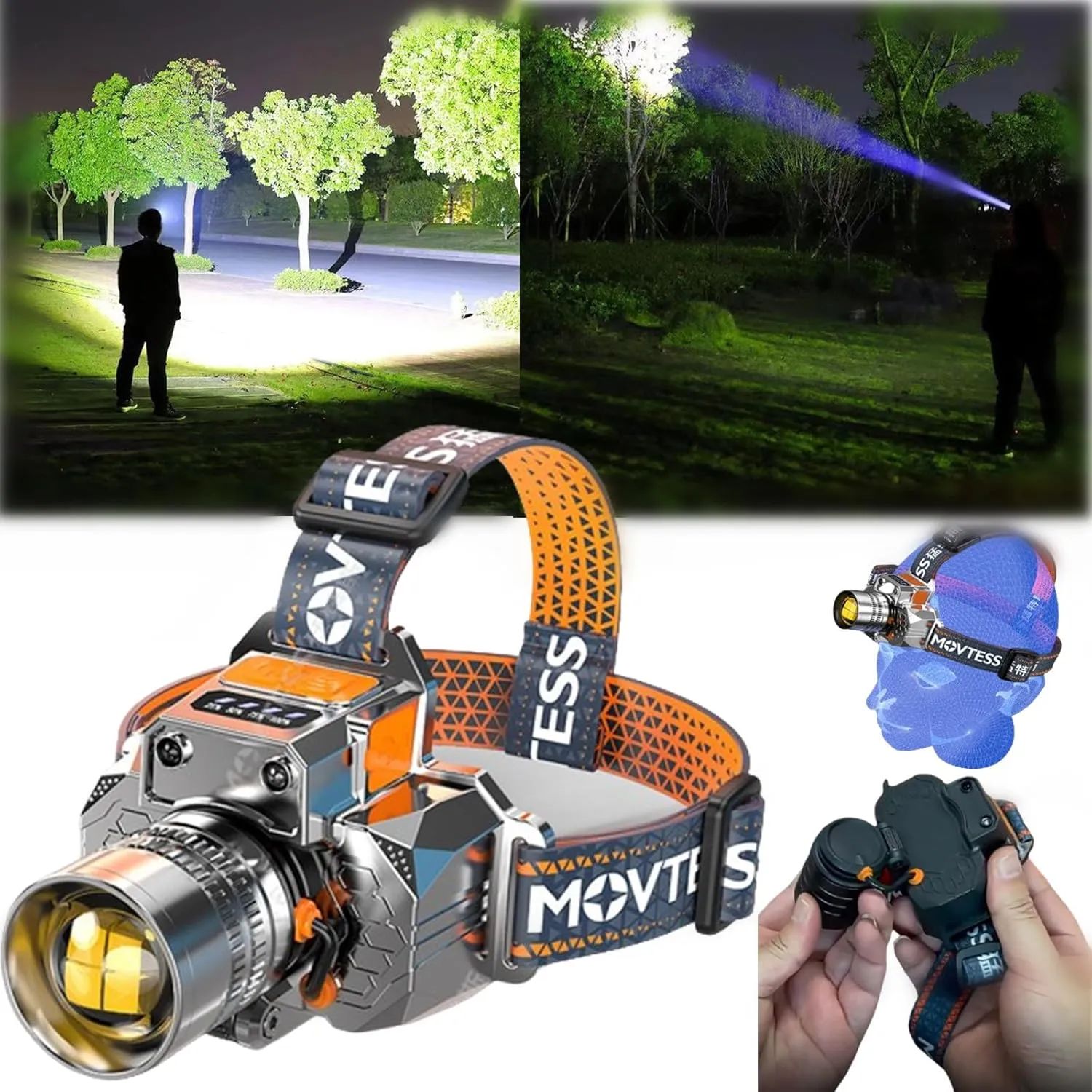 Head-Mounted Induction Zoomable Super Bright Flashlight,LED Rechargeable High Power Headlamp,Waterproof Portable Fishing Light,3 Modes Torch for Outdoor Running Camping (Silver)