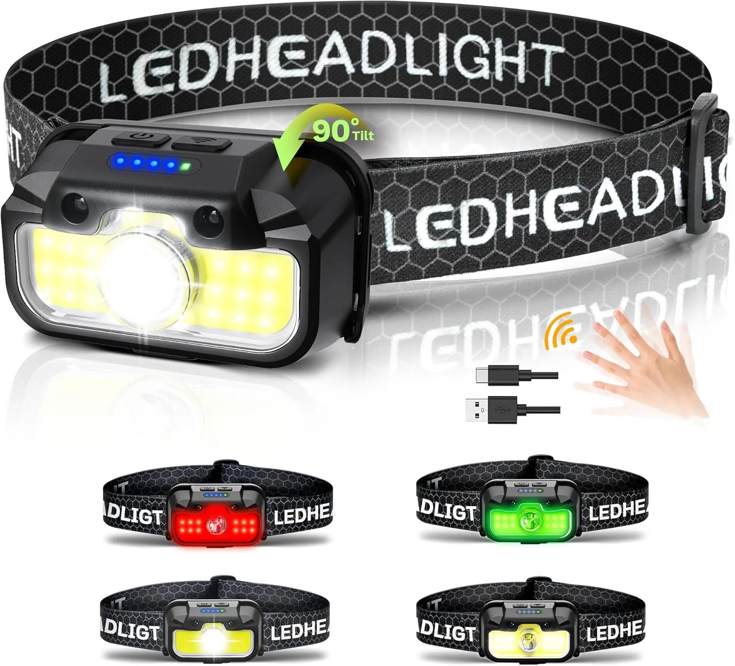 Headlamp Rechargeable, 1300 Lumen Lightweight Bright with White Green Red Headlamp Flashlight, Waterproof Motion Sensor Head Lamp,14 Modes for Outdoor Camping Running Cycling
