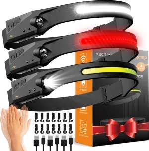 Headlamp Rechargeable 3 Pack, 230° Wide Beam Running Head Lamp Hands Free for Adults, Head Lights for Forehead, Head Flashlight with Hard Hat Clips for Runners, Hunting, Hiking, Camping