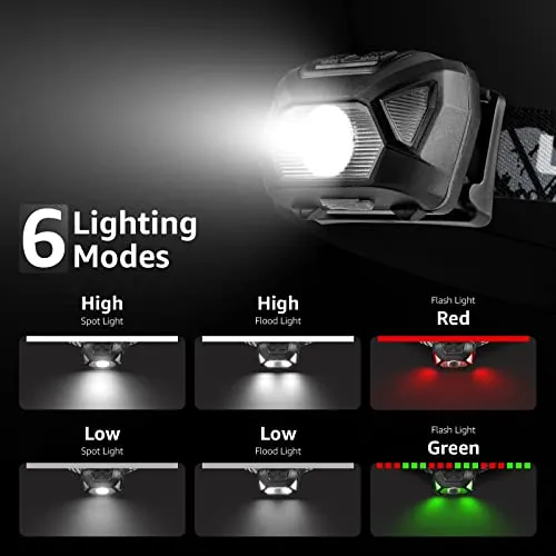 Headlamp Rechargeable,LED Head Lamp w/ 6 Modes for Camping & Hiking Gear Essentials