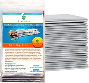 HealthyLine Thermal Foil Emergency Blankets (50 Pack) – Mylar Space Blanket for Heat Retention, Waterproof & Windproof, Lightweight Survival Gear for Outdoors, Camping, First Aid, and Sauna Use