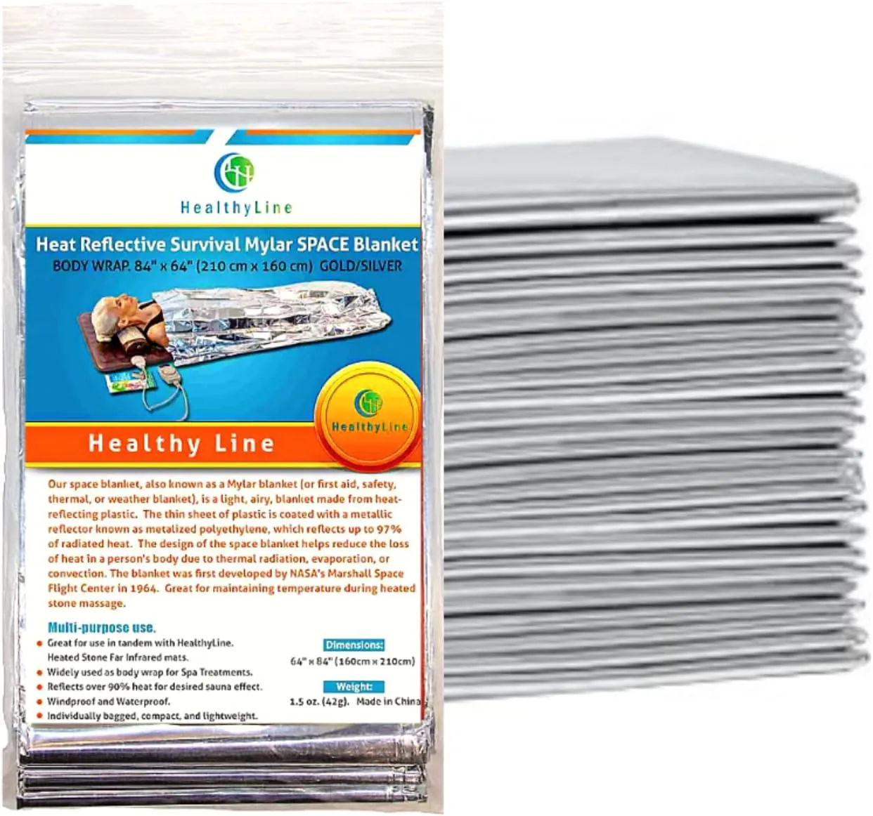 HealthyLine Thermal Foil Emergency Blankets (50 Pack) – Mylar Space Blanket for Heat Retention, Waterproof & Windproof, Lightweight Survival Gear for Outdoors, Camping, First Aid, and Sauna Use