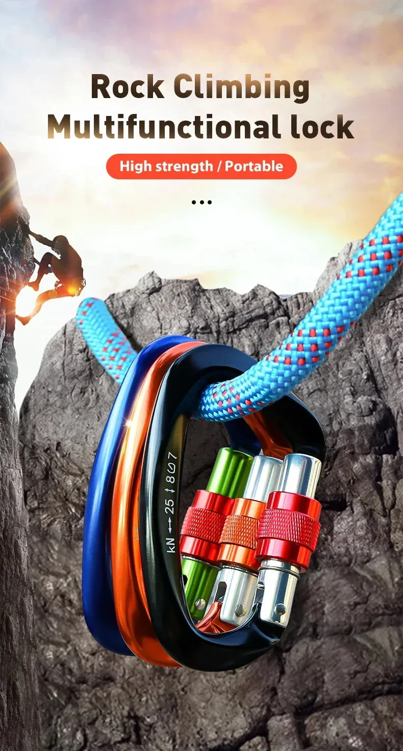 Heavy Duty 25kN Rock Climbing Carabiner | D-Shape Aluminum Locking Carabiner Clip with Safety Screw Lock & Spring-Loaded Gate for Outdoor Mountaineering, Rappelling, Hiking, Rescue, and Gear Kits