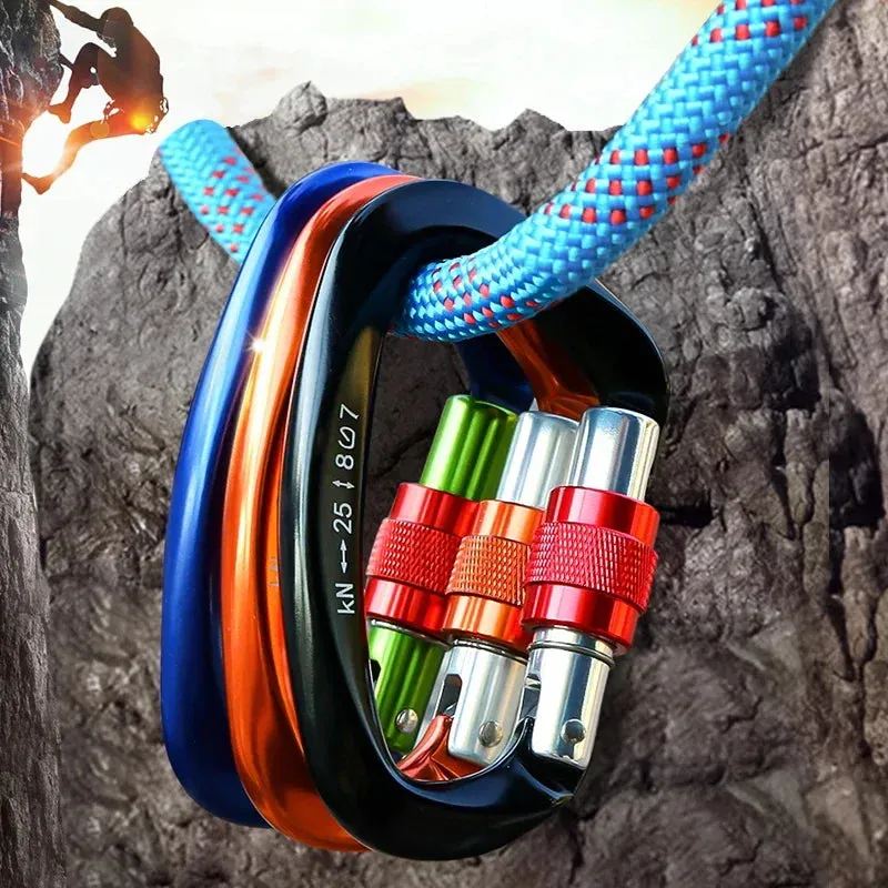 Heavy Duty 25kN Rock Climbing Carabiner | D-Shape Aluminum Locking Carabiner Clip with Safety Screw Lock & Spring-Loaded Gate for Outdoor Mountaineering, Rappelling, Hiking, Rescue, and Gear Kits