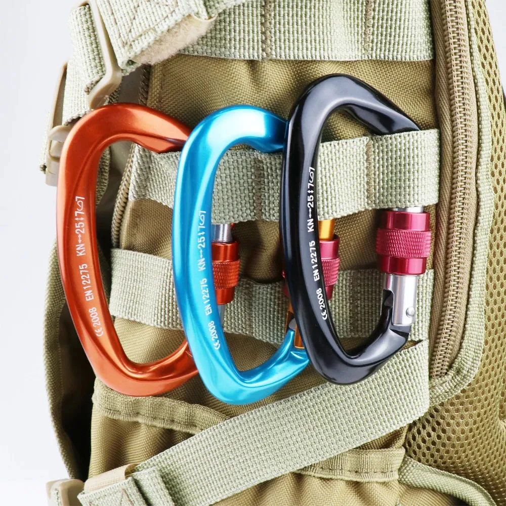 Heavy Duty 25kN Rock Climbing Carabiner | D-Shape Aluminum Locking Carabiner Clip with Safety Screw Lock & Spring-Loaded Gate for Outdoor Mountaineering, Rappelling, Hiking, Rescue, and Gear Kits